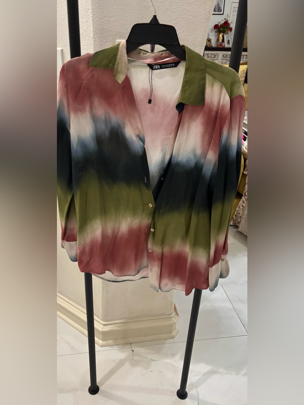 Zara Multicolor Tie-Dye Button-Up Blouse - Pink & Green